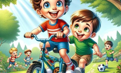 Un băiat de 6 ani, Andrei, cu părul brun și creț, zâmbind strălucitor și cu ochii plini de bucurie, merge cu bicicleta într-un parc verde. Poartă un tricou roșu și o pereche de pantaloni scurți albaștri, și pare foarte fericit, râzând cu prietenii săi. Lângă el, Radu, un băiat de 6 ani cu părul castaniu și ochii triști, încearcă bicicleta lui Andrei. Poartă un tricou verde și o pereche de pantaloni bej, iar fața lui se luminează de bucurie în timp ce descoperă plăcerea de a merge cu bicicleta. Parcul este plin de copaci verzi, flori colorate și o peluză bine întreținută. În fundal, se poate vedea un grup de copii jucând fotbal, creând o atmosferă veselă și dinamică. Situația principală îl arată pe Andrei încurajându-l pe Radu să meargă cu bicicleta pentru prima dată, simbolizând prietenia și toleranța, în timp ce alți copii îi privesc cu zâmbete admirative.