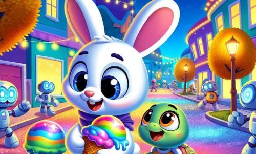 Un pequeño conejo blanco llamado Rayo, con grandes orejas y una sonrisa alegre, se encuentra en el centro de la escena, sosteniendo un delicioso cucurucho de helado arcoíris, con los ojos brillando de emoción. A su lado, su mejor amiga, una tortuga llamada Lila, con un caparazón colorido y ojos traviesos, mira a Rayo con admiración, una ligera sonrisa en su rostro. El decorado es una ciudad futurista, Lumiville, donde las casas brillan con colores vivos bajo un cielo azul brillante, con árboles de hojas doradas que bailan al viento. Robots amigables, con caras sonrientes, se mueven por las calles empedradas de luz, añadiendo un toque de magia al entorno. La situación principal muestra a Rayo y Lila disfrutando de su helado mientras admiran las sorprendentes invenciones de la Fábrica de Sueños, rodeados de máquinas coloridas y luces brillantes, simbolizando la armonía entre la tecnología y la naturaleza.