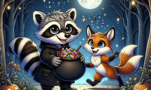 Un giovane procione dal pelo grigio e bianco, con grandi occhi brillanti di eccitazione, si trova al centro di una radura illuminata dalla luna. Indossa un piccolo mantello nero e tiene un sacco stracolmo di caramelle colorate, mostrando un sorriso trionfante. Accanto a lui, una volpe astuta dal pelo rosso splendente, con gli occhi scintillanti di gioia, danza intorno a lui, le orecchie rizzate, piena di energia. Lo scenario è una foresta incantata, con alberi dalle foglie dorate e argentate, illuminati da lanterne a forma di zucca che fluttuano nell'aria. Stelle scintillano in un cielo notturno profondo, aggiungendo un tocco di magia all'atmosfera. La scena rappresenta il momento in cui il procione e la volpe scoprono un grande calderone pieno di caramelle in cima a una collina, dopo aver superato un labirinto misterioso, celebrando la loro vittoria e amicizia sotto la luce della luna.