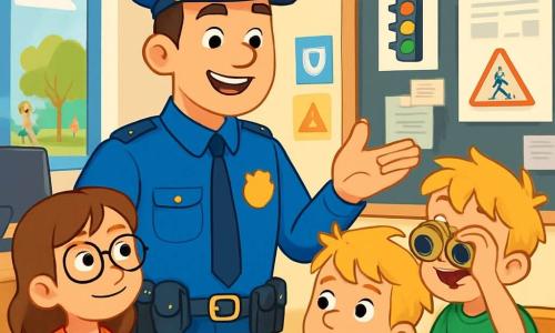 Een mannelijke politieagent, genaamd Bram, staat trots glimlachend voor zijn bureau. Hij draagt een felblauw uniform, met een glanzend insigne op zijn borst en een riem vol gereedschap. Zijn ogen stralen van vreugde en enthousiasme terwijl hij zijn beroep aan de kinderen uitlegt. Naast hem luistert Lisa, een 10-jarig meisje met bruin haar en ronde bril, aandachtig met grote ogen van nieuwsgierigheid. Tim, een 8-jarig jongen met messy blond haar, houdt een paar kartonnen verrekijkers vast en doet alsof hij de straat observeert. Sam, een andere 9-jarige jongen met sproeten en een ondeugende glimlach, zit op een stoel en kan niet wachten om vragen te stellen. De scène speelt zich af in een lichte politiepost met veiligheidsaffiches aan de muren en een groot schoolbord vol notities. Je kunt ramen zien die uitkijken op een zonnig park waar kinderen spelen. Bram legt enthousiast zijn werk als politieagent uit, terwijl de kinderen hun eigen veiligheidsteam voorstellen, vol dromen van avontuur en vriendschap.