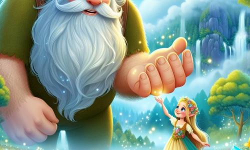 A friendly giant named Grumble, with a long white beard like clouds and bright star-like eyes, stands at the center of the scene, displaying a warm and protective smile. He is reaching out a massive hand towards a little girl, Lily, about 8 years old, with golden hair and bright blue eyes, who looks at the giant with admiration and curiosity. Lily, dressed in a colorful flower-adorned dress, stands beside Grumble, raising a hand to touch his giant finger, full of enthusiasm and wonder. The setting is in the beautiful Misty Marsh, a lush landscape filled with vibrant flowers, sparkling streams, and a gentle mist dancing around them, creating a magical and enchanting atmosphere. The main scene shows Grumble and Lily preparing to embark on a quest to save the Heartstone, with glowing crystals resting at their feet, symbolizing their upcoming adventure.