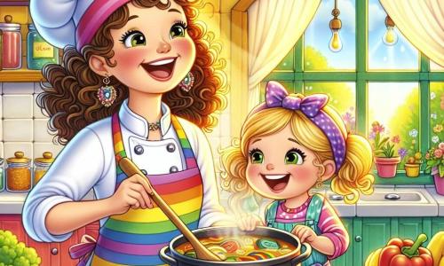 Chef Mel, a cheerful woman in her thirties with curly hair and a colorful apron, smiles while stirring a large pot of soup in her bright kitchen. Her eyes sparkle with happiness as she sings while cooking. Next to her, Lily, a six-year-old girl with blonde hair in braids, wears a small apron and a chef's hat that is too big for her. She carefully cuts vegetables with a big smile on her face, amazed by the experience of cooking with Chef Mel. The scene takes place in the 
