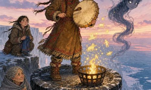 The protagonist is a young woman (about 16–18) with a round determined face and wind‑reddened cheeks, wearing a brown seal‑skin parka with red embroidery, gently striking a taut drum, focused and serene, standing upright on a frosted black stone tower platform; an elderly woman (about 70) stands below with a wrinkled face, bright eyes, a gray shawl and a small bone charm, watching with pride and worry; a teenage friend (about 15) crouches near the cliff edge a few meters behind, scarf folded over her pocket, holding a small piece of blue cloth, enthusiastic and anxious; a guardian spirit floats beside the girl as a translucent shadow ribbon with pale eyes and misty texture, watching with sarcastic curiosity; the setting is the tower top with a rusted iron basket holding a small golden flame, steep white cliffs dropping to a frozen bay and a dark waterline between ice and sea under a pale pink‑tinged dawn sky; the main scene shows the girl lighting the beacon—drum against the stone, hood fringes lifted by wind, golden sparks rising and drawing small memory‑like lights toward the fire, a cold yet warm atmosphere focused on the lighting and the characters' gazes.