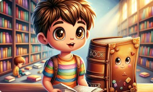 Un joven con cabello castaño y ojos brillantes, vestido con una camiseta colorida, está sentado en un banco en una biblioteca luminosa. Su rostro expresa curiosidad y entusiasmo mientras sostiene un libro abierto frente a él, inmerso en las historias que descubre. A su lado, un viejo libro con una cubierta de cuero desgastada y páginas amarillentas parece sonreír con benevolencia, representando la sabiduría. La biblioteca es un lugar cálido, lleno de estanterías de madera repletas de libros de todos los colores. La luz suave entra a través de grandes ventanas, iluminando los rincones de lectura donde otros niños hojean libros. La escena principal muestra al niño absorbido por relatos de valentía y tolerancia, descubriendo historias de personajes que luchan contra el racismo, mientras irradia una aura de inspiración y comprensión, listo para compartir sus nuevos conocimientos con sus amigos.