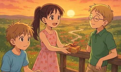 Drie kinderen op een houten uitkijkplatform bovenop een grasheuvel: links een jongen van ~9 met lichtbruin warrig haar en groene ogen, zittend met een schetsboek en het dorp onderaan de heuvel tekenend; in het midden een meisje van ~8 met lange bruine paardenstaart en een licht bloemenjurkje, staand en een pak koekjes aanbiedend terwijl ze naar de uitkijktoren kijkt; rechts een ongeveer 10-jarige jongen met kort blond haar en ronde bril, gele polo, tegen de rustieke balustrade geleund en kalm de zonsondergang inademend. Zicht op een dorp met rode daken en een slingerende zilveren rivier, bloemenvelden in geel en rood; het houten platform heeft verweerde planken; de lucht is oranje-paars bij zonsondergang met enkele roze wolken en lichtgevende vuurvliegjes in het hoge gras. Sfeervol, warm en vredig, met zachte, verbonden gezichten en duidelijke details (houttextuur, grashalmen, jurkpatroon, rivierreflecties).