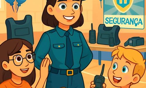 Uma policial, a inspetora Sofia, está orgulhosamente no centro da imagem, vestindo um uniforme azul-petróleo bem ajustado e um sorriso caloroso no rosto. Seus olhos brilhantes demonstram determinação e bondade. Ela está cercada por um grupo de crianças curiosas, incluindo uma menina de cabelos castanhos e óculos, com cerca de 11 anos, que levanta a mão para fazer uma pergunta. Ao lado dela, um garoto de cabelos loiros, com cerca de 10 anos, segura um pequeno rádio de brinquedo, com uma expressão de empolgação. A cena ocorre em um ginásio decorado com balões azuis, com mesas cheias de equipamentos policiais como coletes e rádios. Ao fundo, um grande cartaz colorido anuncia o evento de conscientização sobre segurança. Sofia explica às crianças a importância da polícia na comunidade, enquanto elas participam de atividades lúdicas e aprendem a trabalhar em equipe, criando uma atmosfera alegre e educativa.