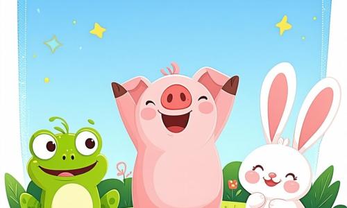 Um pequeno porquinho rosa chamado Pipo, com grandes olhos brilhantes e um sorriso alegre, está no centro da cena, levantando as patas no ar com entusiasmo. Ao seu lado, Lila, uma coelhinha vaidosa com grandes orelhas e pelagem branca, salta de alegria, seus olhos brilhando de felicidade. Um pouco afastado, Zé, um sábio sapo verde, os observa com um sorriso bondoso, sentado em uma pedra, pronto para incentivá-los. A cena acontece em uma floresta encantada, onde árvores com folhas douradas cercam uma clareira iluminada, salpicada de flores coloridas que dançam ao ritmo de uma brisa suave. No centro da clareira, há uma majestosa árvore com folhas cintilantes, com uma expressão triste, esperando que seus amigos o ajudem a recuperar seu brilho. Nesta ilustração, Pipo e seus amigos celebram sua vitória após recuperarem as três pedras mágicas, prontos para realizar o desejo da Árvore dos Desejos, cheios de alegria e amizade.