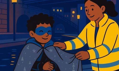 A young hero with warm brown skin, messy black curly hair and a blue lightning-shaped mask sits on the edge of a platform above a canal, wet but smiling and wrapped in a large gray blanket patterned with tiny stars and lighthouses, wearing a dark jacket embroidered with silver lines and a short bright-blue-trimmed cape, hands clutching the blanket and showing a relieved, gentle expression; a city worker woman in her 30s–40s with a yellow reflective jacket and hair pulled back stands on the walkway above, offering the blanket with a protective, warm smile; three lunchbox-sized tarnished-metal robots with glowing round eyes and tube-like snouts huddle near the hero by a small charging panel, faintly lit and reassured; a sleek white autonomous boat glides in the canal below with soft blue and gold lights reflected in the water and other boats forming light trails behind it; the scene is a nighttime canal district with dark brick walls, shiny metal rails, blue and gold reflections, tall cylindrical beacon lampposts and a large metal skybridge in the background, conveying a peaceful, after-adventure atmosphere where the city is safe, the hero rests, and the robots recharge.