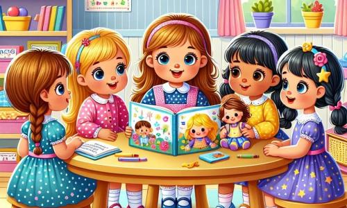 In a colorful classroom, four little girls are gathered around a large wooden table. **Lily** (girl, 6 years old) has long brown hair and wears a pink dress with white polka dots. She is joyfully smiling while holding an illustrated book. **Emma** (girl, 6 years old) has braided blonde hair and wears a blue dress with flowers. She is attentively looking at Lily, her eyes sparkling with excitement. **Mia** (girl, 6 years old) has black hair and wears a yellow dress with stars. She is leaning forward, eager to listen to the story. **Sophie** (girl, 6 years old) has brown hair and wears a purple dress. She is sitting next to Mia, holding a doll in her arms, ready to play after the story. The classroom is filled with bright colors: light blue walls, posters of letters and numbers, and shelves overflowing with books and toys. A large window lets in sunlight, illuminating the girls' faces. The main scene shows the four friends gathered for a reading session, surrounded by books and toys, sharing smiles and enthusiasm as they discover a new magical story together.