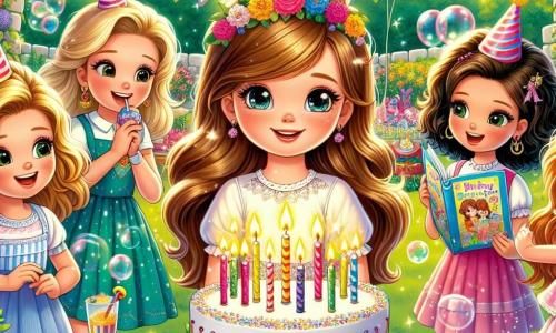 En un jardín soleado, Clara, una niña de 10 años con largos cabellos castaños y ojos brillantes, está en el centro, rodeada de sus cuatro amigas. A su derecha, Lucía, una niña con cabello rubio y rizado, sonríe sosteniendo un sombrero de fiesta colorido. A su izquierda, Marta, con cabello castaño y liso, decora una gran mesa con globos multicolores. Detrás de ellas, Sofía, con cabello lacio y negro, lee un libro de historias, mientras Ana, con un palo arcoíris, se acerca con un gran pastel de cumpleaños decorado con velas brillantes. El jardín está lleno de flores vibrantes, guirnaldas de colores vivos y una gran mesa de madera adornada con confeti. Burbujas flotan en el aire, añadiendo un toque mágico a la atmósfera festiva. Clara, con los ojos cerrados, sopla las velas de su pastel de cumpleaños mientras sus amigas la rodean, riendo y aplaudiendo, creando un momento de alegría y magia compartida.