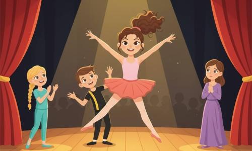 A 12-year-old girl with a radiant smile and determined gaze, curly brown hair in a high ponytail, wearing a pale pink leotard and coral tutu, caught mid-elegant jump center stage with arms open and legs extended, confident and luminous; to the left, about 12-year-old Mia, straight blond hair in a braid, in turquoise, enthusiastically applauding with an encouraging expression and a small raised hand; behind the main girl, about 12-year-old Jake, short chestnut hair, in black with a yellow stripe, making a comic supportive gesture, smiling widely and leaning slightly; the teacher, a ~35-year-old woman in a flowing purple dress, stands backstage right with hands clasped, proud and emotional; the scene is a large bright theater with a polished wood floor, red velvet curtains, warm spotlights creating golden halos and blurred audience silhouettes, capturing the climax of the performance—joyful, triumphant, vivid colors, strong contrasts, simple expressive vector style.