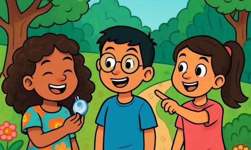 Er zijn 3 personages: - Yara: een 10-jarig meisje met prachtige krullende haren en een grote glimlach. Ze draagt een kleurrijke jurk met bloemenpatronen en houdt een kleine glinsterende steen in haar hand. - Amir: een 10-jarige jongen met kort haar en een bril. Hij draagt een blauwe t-shirt en een beige short, en hij glimlacht terwijl hij naar Yara kijkt. - Laila: een 10-jarig meisje met lang, steil haar dat in een paardenstaart is gebonden. Ze draagt een roze t-shirt en een spijkerbroek, en ze wijst naar een pad dat naar een bos leidt. De situatie speelt zich af in een groen park, vol majestueuze bomen met stralend groene bladeren. Kleurrijke bloemen omringen het pad, en een zachte zon schijnt in een heldere blauwe lucht, wat een vrolijke en gastvrije sfeer creëert. De hoofdsetting toont de drie vrienden, Yara, Amir en Laila, samen staand, opgewonden en glimlachend, terwijl ze hun avontuurlijke dag plannen om anderen te helpen tijdens de Ramadan. Ze kijken naar het pad dat naar het bos leidt, benieuwd naar de magie die hen te wachten staat.