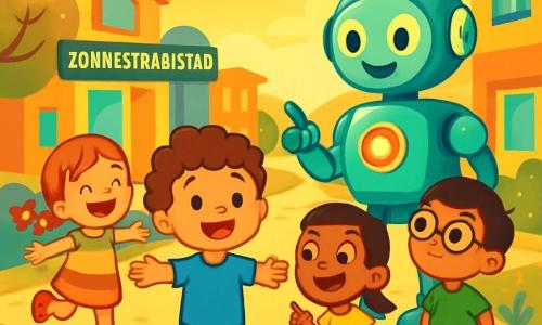 Er zijn 4 kinderen: Finn, een 4-jarig jongetje met krullend haar en een blauwe outfit, staat in het midden met een glimlach en open armen; Mila, een 4-jarig meisje met mooie rode vlechten in een kleurrijke jurk, springt van blijdschap links van Finn; Amir, een 4-jarige jongen met ronde bril en een groen t-shirt, kijkt nieuwsgierig naar de grote robot rechts van Finn; Noor, een 4-jarig meisje met een grote glimlach in een geel t-shirt en korte broek, staat achter Finn en wijst verwonderd naar de robot. De locatie is een futuristische straat in Zonnestraalstad, verlicht door gouden zonlicht, met moderne huizen en kleurrijke bloemen. Op de achtergrond staat een grote, glanzende robot genaamd Robo, klaar om met de kinderen te interageren. De kinderen zijn enthousiast en nieuwsgierig terwijl ze zich voorbereiden om samen op de magische knop van de robot te drukken, wat een explosie van kleuren en vreugde in hun stad zal veroorzaken.