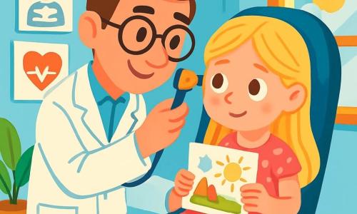 Een man, dokter Bas, glimlachend en vriendelijk, draagt een onberispelijke witte jas en een stethoscoop om zijn nek. Hij heeft bruin haar en ronde brillen, en kijkt aandachtig naar een klein meisje, Lotte, dat op een grote consultatiestoel zit. Lotte, een zevenjarig meisje, heeft lang blond haar en draagt een roze jurk met stippen. Ze lijkt een beetje nerveus maar nieuwsgierig, met een kleurrijke tekening in haar handen. Ze zit in de spreekkamer, omringd door speelgoed en kinderboeken, met een groot raam dat zonlicht binnenlaat. De spreekkamer is warm en uitnodigend, met lichtblauwe muren, leuke gezondheidsaffiches en speelgoed verspreid over de vloer. Een grote groene plant staat in een hoek, wat een vleugje natuur aan de ruimte toevoegt. In deze scène onderzoekt dokter Bas Lottes oor met een leuk lampvormig hulpmiddel, terwijl hij zachtjes met haar praat om haar gerust te stellen. De sfeer is vol warmte en medeleven, wat de speciale band tussen de arts en zijn jonge patiënt illustreert.