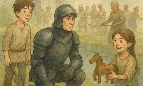 Caballero adulto de armadura oscura y mate, visera parcialmente alzada que deja ver una cicatriz y una sonrisa serena; arrodillado junto al borde del foso, con una mano enguantada clavada en la tierra húmeda como promesa. Tomás, chico de unos 14 años, pelo castaño revuelto, expresión de orgullo y sorpresa, botas embarradas, a la izquierda del caballero sosteniendo una pequeña pala. Inés, niña de unos 9 años con largas trenzas y vestido sencillo, manos sucias pero seguras, mirada decidida y alegre; junto a una mesa baja muestra a un niño más pequeño un caballito de madera reparado y un pañuelo bordado. Doña Aldara, mujer de unos 45 años, postura erguida con mangas remangadas, semblante severo suavizado, sujeta una cuerda y dirige a los aldeanos. Varios aldeanos de distintas edades, sonriendo y con barro en la ropa, forman una cadena al fondo pasando cubos de agua y ramas. Lugar: foso del castillo con piedras húmedas y musgosas, agua que se aclara en zonas, montones de ramas y objetos recuperados en la orilla, muros de piedra gris y banderolas desteñidas al viento. Situación principal: tras una gran limpieza del foso, el caballero hace una promesa solemne en público mientras levanta un poco la visera; los niños y vecinos celebran la reparación y la devolución de los objetos, con luz tenue de atardecer y una atmósfera de esperanza serena.