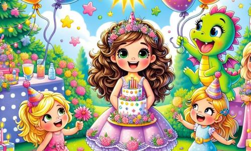 In un giardino soleggiato, una bambina di sette anni, Sofia, con capelli castani e ricci, indossa un vestito lilla decorato con fiori. È al centro, circondata dalle sue tre amiche. A destra, Giulia, una ragazza con capelli biondi e lisci, tiene un regalo rosa scintillante con un grande sorriso. A sinistra, Marta, una ragazza con capelli castani e ricci, indossa un divertente cappellino a forma di animale e ride gioiosamente. Dietro di loro, un piccolo drago verde di nome Puff, con occhi brillanti e ali scintillanti, si china in avanti, pronto a festeggiare. Il giardino è decorato con palloncini colorati e una grande tavola coperta da una tovaglia a pois, con una magnifica torta di compleanno al centro, decorata con stelle di zucchero scintillanti. Fiori multicolori circondano la scena, aggiungendo un tocco di magia. La situazione principale mostra Sofia e le sue amiche che ridono e giocano insieme, mentre Puff fa volare i palloncini nel cielo, creando un'atmosfera gioiosa e festosa, piena di magia e amicizia.