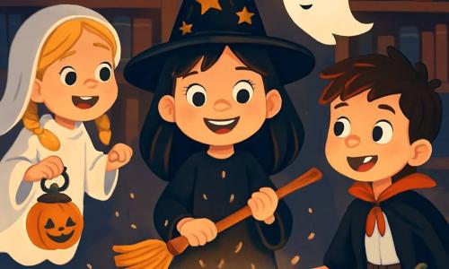 Una bambina di 8 anni, Sofia, si trova al centro della scena, con un grande sorriso gioioso sul volto. Indossa un costume da strega nero scintillante, un cappello a punta decorato con stelle dorate e tiene in mano una piccola scopa di legno. I suoi occhi brillano di eccitazione e avventura. Alla sua destra, Marco, un ragazzo di 8 anni con i capelli castani scompigliati, guarda con curiosità. Indossa un costume da vampiro con un mantello rosso e un falso sorriso spaventoso, ma i suoi occhi brillano di malizia. A sinistra, Giulia, un'altra bambina di 8 anni con capelli biondi intrecciati, è vestita con un abito da fantasma bianco e fluttua leggermente, come se fosse pronta a volare. Sorride con entusiasmo, tenendo una piccola lanterna a forma di zucca. La scena si svolge in una biblioteca oscura e misteriosa, piena di libri antichi con copertine polverose. Ragnatele decorano gli angoli e zucche sorridenti sono posizionate sui tavoli. Una luce soffusa emana da un grande libro aperto al centro, proiettando ombre danzanti sulle pareti. Sofia e i suoi amici stanno scoprendo un libro magico che ha fatto apparire un piccolo fantasma. Sono tutti stupiti e un po' spaventati, ma la loro curiosità li spinge a esplorare questo mondo incantato.