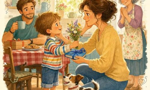 Bambino di 6 anni, viso rotondo, capelli castano chiaro spettinati, sguardo gioioso e fiero, offre un piccolo libro blu con nastro e un mazzetto di fiori di campo; indossa una camicia colorata a righe e pantaloni corti, è in piedi accanto a un tavolo di legno e sorride ampliamente. La madre, circa 33 anni, capelli castani ondulati raccolti in uno chignon morbido, occhi dolci e una lacrima di gioia, si inginocchia per ricevere il libro accarezzando la guancia del bambino. Il padre, circa 35 anni, barba leggera e maglietta informale, è seduto sullo sfondo al tavolo con una tazza di caffè e sorride teneramente; una nonna con capelli grigi ricci e grembiule a fiori applaude vicino alla porta della cucina. Un cagnolino maculato salta intorno ai piedi del bambino con coda in movimento. Cucina luminosa, luce dorata del mattino da una finestra a piccoli riquadri, tavolo di legno con un piattino di biscotti, una scatola regalo e una tovaglia a quadretti rossi. Scena centrata sul gesto intimo delle mani che si incontrano, espressioni calde e gesti teneri. Stile grafico: colori morbidi e saturati, tratti arrotondati, texture acquerello su carta e piccoli doodle sovrapposti (cuori, note musicali, stelle).