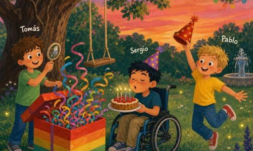 Tres niños de unos 11 años: Tomás (pelo castaño despeinado, camiseta verde) a la izquierda con una rama como lupa, Pablo (pelo rubio corto, camiseta amarilla) a la derecha agitando un sombrero de fiesta rojo, y Sergio (pelo negro, en silla de ruedas azul) en el centro con un sombrero violeta soplando velas; en un parque al crepúsculo con un gran roble decorado con globos y guirnaldas, césped verde, columpio y fuente de fondo, luciérnagas alrededor; los tres abren una gran caja arcoíris que suelta serpentinas y una pequeña tarta con velas encendidas, sus rostros muestran asombro y alegría, estilo gouache con colores vivos y pinceladas visibles.