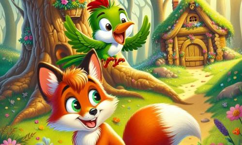 Un giovane volpe di nome Rocco, con un pelo rosso vivo e occhi pieni di curiosità, salta di gioia davanti a una grande quercia, con un sorriso splendente sul volto. Accanto a lui, il suo amico Pino, un picchio verde dalle piume vivaci, batte le ali con entusiasmo, la sua espressione è piena di eccitazione mentre indica una cassa di legno decorata con fiori, nascosta sotto le radici dell'albero. Il contesto è una foresta incantata, immersa in una luce dorata, con fiori colorati e farfalle che danzano intorno a loro, creando un'atmosfera gioiosa e festosa. La scena mostra Rocco e Pino che scoprono il tesoro di Pasqua, circondati da un'atmosfera magica e primaverile, pronti a vivere un'avventura indimenticabile.