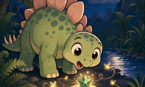 Un joven stegosaurio llamado Brillo de Placas, con expresión maravillada, ojos grandes y brillantes, piel verde pálido moteada y placas rosadas en la espalda, se inclina hacia una pequeña piedra estelar verde sobre rocas que emite un suave brillo y chispas; luciérnagas amarillo-anaranjadas revolotean con estelas luminosas; valle nocturno de helechos gigantes, luna pálida y un río que refleja la luz; ambiente tranquilo y misterioso en tonos verdes, rosa pálido, amarillo cálido y azul noche; composición centrada, estilo cartoon simple con contornos gruesos, formas redondeadas y sombras suaves.