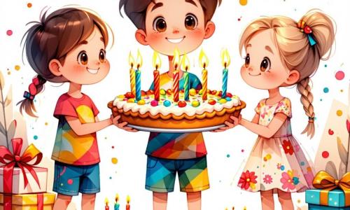 Un niño de 10 años, Miguel, con cabello castaño desordenado y una gran sonrisa, se encuentra en el centro de la imagen, sosteniendo una enorme tarta decorada con velas brillantes. Lleva una camiseta colorida y un short, y sus ojos brillan de emoción mientras mira a sus amigos. A su derecha, Clara, una niña de 9 años con trenzas rubias y un vestido de flores, aplaude con entusiasmo, sus ojos destilan alegría. A la izquierda, Pedro, un niño de 10 años con gafas y un suéter a rayas, sostiene un globo en forma de estrella y sonríe ampliamente, listo para celebrar. El escenario se desarrolla en un parque animado, iluminado por guirnaldas de luces de colores colgadas de los árboles, con mesas decoradas con manjares festivos y niños jugando alrededor. En el fondo, el cielo está despejado, salpicado de estrellas brillantes, y un gran reloj indica que la noche de Año Nuevo ha llegado. La escena captura el momento alegre en que Miguel presenta su enorme tarta a sus amigos, todos listos para celebrar juntos la llegada del nuevo año.