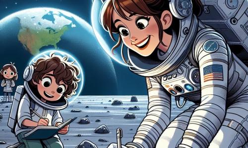 Eine Astronautin, Lena, steht im Mittelpunkt des Bildes. Sie ist eine Frau in ihren Dreißigern mit braunen, zu einem Pferdeschwanz gebundenen Haaren und trägt einen weißen und silbernen Raumanzug, der im Licht der Sterne glänzt. Ihr Gesicht drückt große Freude und Staunen aus, während sie die Mondlandschaft bewundert. Sie hockt und untersucht einen kleinen Krater mit einem begeisterten Lächeln. Neben ihr steht Tom, ein 10-jähriger Junge mit zerzausten blonden Haaren, der einen zu großen Astronautenhelm trägt. Er schaut Lena bewundernd an und hält eine kleine Erdflagge in der Hand. Etwas weiter weg nimmt Mia, ein 9-jähriges Mädchen mit lockigen, braunen Haaren, Notizen in einem Heft, ihre Augen leuchten vor Aufregung. Der Hintergrund zeigt eine graue, staubige Mondoberfläche, übersät mit Kratern und funkelnden Steinen unter einem tiefblauen Sternenhimmel, mit der Erde im Hintergrund, einem wunderschönen blauen und grünen Globus. Die Hauptsituation zeigt Lena und die Kinder bei der Erkundung der Wunder der Mondlandschaft, während Lena auf einen Krater zeigt und Tom und Mia aufmerksam zuhören, gefesselt von ihrem Enthusiasmus.