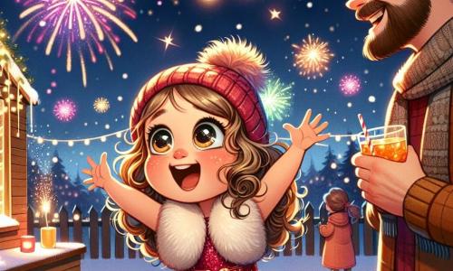 Ein 6-jähriges Mädchen namens Leni mit großen, leuchtenden Augen und lockigem, blondem Haar trägt ein glitzerndes rotes Kleid. Sie springt vor Freude mit einem breiten Lächeln im Gesicht, während sie ein wunderschönes, buntes Feuerwerk bewundert, das den Nachthimmel erleuchtet. Neben ihr steht ihr Papa, ein etwa 30-jähriger Mann mit brauner Bart und einer Wollmütze, der die Arme in die Luft hebt und seine Begeisterung teilt. Ihre Mama, eine etwa 28-jährige Frau mit braunen, zu einem Dutt gebundenen Haaren, steht etwas im Hintergrund, hält ein Glas Fruchtsaft und lächelt stolz auf ihre Tochter. Die Szene spielt im Freien vor einer kleinen, mit Lichtern geschmückten Holzhütte, umgeben von funkelndem Schnee, der die Farben des Feuerwerks widerspiegelt. Sanfte Schneeflocken fallen und verleihen der Atmosphäre einen magischen Touch. Leni und ihre Familie feiern den Jahreswechsel, begeistert von den leuchtenden Explosionen am Himmel, voller Freude und Aufregung für die kommenden Abenteuer im neuen Jahr.