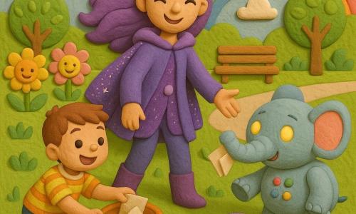 Lila Blitz, lächelnd und selbstbewusst, mit langen violetten Haaren, glänzendem Mantel und schimmernder Kapuze steht mittig und reicht helfend die Hand; links kniet der etwa sechsjährige Benni mit kurzem kastanienbraunem Haar und gestreiftem T‑Shirt und legt begeistert ein Blatt in einen Korb; rechts steht der rundliche Pastell‑Metall‑Elefantenroboter Töröö mit langer flexibler Rüssel, der Papier aufsammelt; vorne liegt die weibliche Katze Flauschi, weiß mit violetten Flecken, auf der Wiese und beobachtet schnurrend; Hintergrund: farbenfroher Park von Sonnenschein‑Stadt mit grüner Wiese, großen freundlichen Blumen, gepflasterten Wegen, Holzbank, runden Bäumen, flauschigen Wolken und einem leuchtenden Regenbogen am blassblauen Himmel; Szene: warmes gemeinsames Aufräumen nach einem kurzen Gewitter, kooperative Gesten, lachende, freundliche Atmosphäre, einfache runde Formen, gesättigte Pastellfarben und plastilinartige Texturen, leicht von oben gezeigt, sanftes Sonnenlicht.