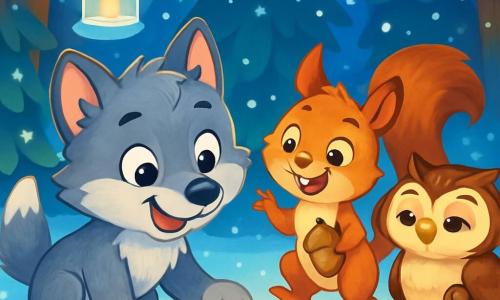 Little Wolf, a young gray wolf with soft fur, big sparkling eyes full of curiosity, and a joyful smile, is choosing a pretty shiny pebble in the sparkling snow. Next to him, Squirrel, a small squirrel with reddish fur and mischievous eyes, holds a golden acorn and jumps with excitement. A little further away, Owl, an owl with white and brown feathers, looking wise with a slight smile, observes the scene while holding a small silver bell. The background shows a magical forest illuminated by ice lanterns shining like stars, with snowflakes gently falling to the ground. The scene captures the excitement of preparing for the New Year's celebration, filled with joy and friendship.