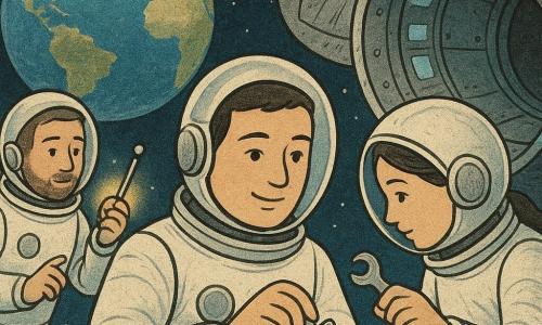 Miguel (35) de rosto doce e sorriso calmo flutua em traje espacial branco segurando uma antena com expressão serena; Maria (33), cabelo preso sob o capacete, segura uma chave inglesa junto a um parafuso solto à direita de Miguel; João (30), com barba rala, segura uma pequena lanterna espacial iluminando a cena à esquerda, flutuando um pouco atrás; ao fundo a Terra grande e azul com continentes, nuvens e faixas de luzes urbanas; cápsula aberta como concha metálica brilhante com parafusos polidos e painéis azuis; cena principal de reparo suave em apesanteur — mãos trocando ferramentas, pequeno parafuso visível, gestos lentos e coordenados, atmosfera colaborativa e reconfortante; cores limpas e contrastadas — branco dos trajes, azul profundo da Terra, reflexos prateados no metal e toques quentes das lâmpadas; composição clara com planos próximos em rostos e mãos, traços suaves e formas arredondadas adequadas a crianças pequenas.