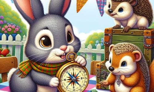 Pipkin, a small rabbit with big ears and soft gray velvet-like fur, looks on with bright, curious eyes, holding a brass compass in his paws. He stands on a wooden stage surrounded by colorful flowers and fresh vegetables, wearing a determined and cheerful expression. Next to him, Zadie, a mischievous squirrel with a bushy tail and sparkling eyes, climbs on a shelf, looking worried and eager to help. Hank, a hedgehog with well-groomed spikes and a focused gaze, stands near Pipkin, holding a notebook and pencil, ready to take notes. The scene is set in a vibrant community garden filled with tables covered in checkered tablecloths, colorful flower pots, and fluttering banners, under a blue sky dotted with fluffy white clouds. The main situation shows Pipkin and his friends solving the mystery of the missing recipe box, with clues scattered around them as they exchange ideas and carefully observe their surroundings, ready to decipher the hints that will lead them to the solution.