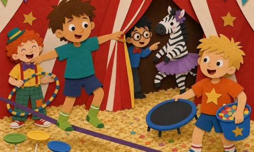 Four boys in a red-and-white striped circus tent with pale wood-chip floor and warm spotlights: Max, about 9, short brown hair and visible green socks, pretending to walk an imaginary tightrope at the front left with arms outstretched; Jamie, about 8, curly red hair and a small hat, laughing and holding a hula hoop just behind Max; Leo, about 10, black combed hair and round glasses, peeking from behind a striped curtain and pointing at a zebra in a tutu at center-rear; Ben, about 9, messy blond hair, holding a mini-trampoline and a bucket of confetti at the front right about to jump. It's the pre-show scene: the boys wait their turn behind the curtain, Ben is about to launch a confetti burst, and the joyful, bustling tent is scattered with circus props like spinning plates, rubber chickens, and clown noses.