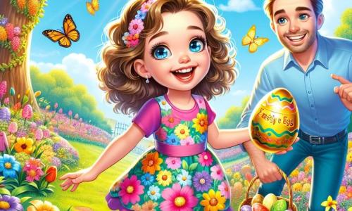 An 8-year-old girl named Lily, with sparkling blue eyes and curly brown hair, is joyfully jumping in a colorful garden, holding a wicker basket filled with Easter eggs. She wears a vibrant floral dress and has a big smile on her face, showing her excitement for the egg hunt. Next to her, her father, a man in his thirties with brown hair and a light beard, smiles while pointing at a large oak tree where a golden egg is hanging. Her mother, a woman with chestnut hair and gentle eyes, is reading a message found on an egg, looking amazed. The setting is a lush garden filled with multicolored flowers like pink tulips, yellow daffodils, and purple pansies, under a bright blue sky. The sun shines, creating a joyful and magical atmosphere. The main scene shows Lily and her parents discovering a golden egg hanging from the tree, while colorful butterflies flutter around them, adding to the magic of this Easter egg hunt.