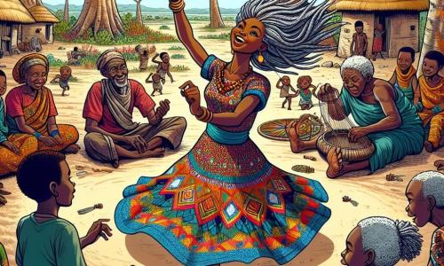 Amina, a young woman with sparkling eyes and golden skin, joyfully dances at the center of a circle formed by villagers, her smile radiating happiness. She wears a vibrant dress with colorful patterns, her arms raised to the sky, expressing deep joy and a connection to the music of the dance. Next to her, Mama Juma, an elderly woman with silver hair and a wrinkled face, passionately tells a story, her hands gesturing to illustrate her words. She sits on a stone, surrounded by fascinated children, listening attentively. Kwame, a middle-aged man with calloused hands and a focused expression, weaves colorful threads on his loom, adding touches of color to the scene. He stands slightly back, watching the dance with a proud smile. The setting is a vibrant African village, with clay houses and thatched roofs, surrounded by majestic baobabs and fields of wildflowers. The sky is a bright blue, dotted with fluffy white clouds, and the ground is covered with golden sand. The main scene shows Amina and the villagers united in a joyful dance, celebrating the diversity and harmony of their community, their laughter and songs echoing in the warm evening air.