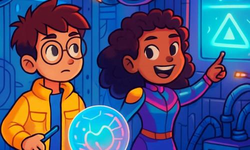 There are two main characters: Milo, a 12-year-old boy with messy brown hair and round glasses, wearing a bright utility jacket and holding a small tool in his hand. He stands on the left, curiously looking at a holographic screen. Jade, a 12-year-old girl with curly hair and high energy, wears a vibrant futuristic jumpsuit and has a bright smile. She stands to the right of Milo, pointing at a glowing message on the wall. The main setting is a futuristic maintenance room filled with sparkling cables and old tech devices. The walls are covered with transparent glass panels, revealing pulsing lights and circuits underneath. In the center, a glowing globe projects colorful holograms, softly illuminating the room with a mysterious glow. The main situation shows Milo and Jade discovering a secret message on a wall, surrounded by cables and machines. They are amazed and focused, ready to solve the mystery that could help their futuristic city, Zephyra.