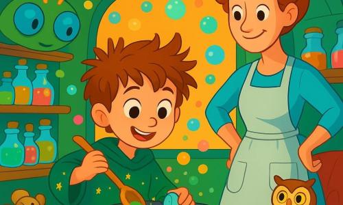An eight-year-old boy named Felix, an apprentice wizard with spiky hair, wears a green tunic adorned with small sparkling stars. His face shows joyful concentration, and his eyes sparkle with curiosity as he mixes a colorful potion in a large iron cauldron. Beside him, Mags, a tall and smiling woman with her hair in a fluffy bun, watches kindly. She wears a sky-blue dress and a pocket-filled apron, holding a wooden spoon ready for use. The setting is inside the Potion Bus, a magical vehicle resembling a large green insect, with jar-shaped windows and shelves filled with shiny jars. Potion bubbles float around, illuminating the space with bright colors, while a small group of familiars, including an owl and plush mice, settles in a cozy corner. The main scene shows Felix pouring a sparkling potion into a small jar, surrounded by curious creatures watching him with wide, amazed eyes. The atmosphere is joyful and magical, filled with laughter and vibrant colors, as potion bubbles float in the air, creating an enchanted ambiance.