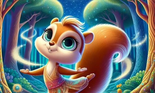 In an enchanted forest under a starry sky, a little squirrel named Willow, with soft caramel-colored fur and bright, big eyes, balances on her hind legs, a serene smile on her face. She takes a deep breath, arms raised towards the sky as if touching the stars, radiating an aura of peace and joy. Nearby, a gentle wind, represented by soft curves and glimmers of light, dances around her, with a friendly and encouraging expression. The wind seems to play with the leaves, creating a light and soothing atmosphere. The setting is a moonlit clearing surrounded by majestic trees with shimmering leaves and colorful flowers blooming under the soft starlight. The ground is covered in green moss and small flowers, adding a touch of magic to the environment. The main scene shows Willow practicing yoga poses, enveloped in this calm and serene atmosphere, while the wind encourages her to let her worries drift away, creating a moment of connection between nature and inner well-being.