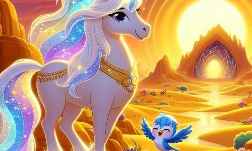 Em um deserto mágico, uma linda unicórnio fêmea chamada Lira se ergue orgulhosamente, seu pelo brilhando sob o sol poente. Seu pelo é de um branco radiante, e seu chifre brilha como estrelas, enquanto ela exibe uma expressão alegre e determinada, pronta para ajudar seu amigo. Ao seu lado, um pequeno pássaro azul chamado Tito, um menino de 7 anos, com penas brilhantes e olhos cintilantes, voa ao seu redor, cheio de excitação e gratidão. Ele canta alegremente, enquanto Lira o incentiva com um sorriso caloroso. O cenário é um vasto deserto dourado, salpicado de oásis luxuosos e flores coloridas, com uma caverna cintilante ao fundo, onde cristais brilhantes iluminam o interior. A situação principal mostra Lira e Tito, unidos em sua busca, explorando juntos o deserto em busca do ninho perdido de Tito, cercados pela beleza mágica de seu ambiente.