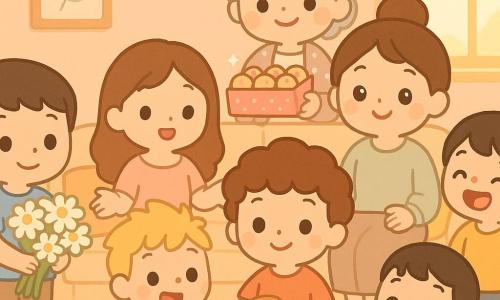 There are seven people: Oliver, a 6-year-old brown-haired boy in a blue T-shirt holding a large bouquet of daisies standing left near the sofa; Sam, a 5-year-old blond boy in a green T-shirt smiling with a jam-covered toast, slightly in front of Oliver; Max, a 6-year-old curly chestnut-haired boy in a red T-shirt carrying a tray with mini rolls and a cup at the center in front of the sofa; Leo, a 4-year-old straight black-haired boy in a yellow T-shirt with jam on his nose laughing at the right near the sofa arm; Oliver’s mother, a 30-year-old woman with long wavy hair in a pastel dress sitting left on the sofa with surprised open hands; Max’s mother, a 32-year-old woman with hair in a bun wearing a soft sweater sitting right on the sofa with tearful eyes; and the grandmother, a 65-year-old short gray-haired woman in a polka-dot cardigan standing behind the sofa holding a sparkling box of cupcakes. The setting is a bright cozy living room with a large beige sofa, colorful cushions, a light wood coffee table with a small vase, soft peach walls and a window letting in a golden sunbeam. The main moment: the four children surprise the mothers for Mother’s Day with flowers, a breakfast tray and cupcakes; warm, tender atmosphere and emotional mothers.