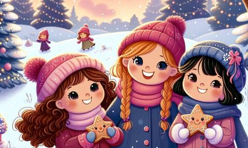 Quatro meninas alegres, com cerca de 8 anos, estão em uma paisagem invernal encantadora. Ana, com cabelos cacheados castanhos e um gorro vermelho, sorri segurando um biscoito em forma de estrela. Bia, com cabelos loiros trançados e um cachecol rosa, exibe orgulhosamente seu biscoito em forma de boneco de neve. Clara, com cabelos castanhos e um casaco azul, se prepara para lançar uma bola de neve, enquanto Lúcia, com cabelos negros e um casaco roxo, admira as luzes cintilantes do céu ao crepúsculo. O cenário é um jardim coberto de neve, onde a neve brilhante cobre o chão como um tapete macio. Árvores com galhos carregados de neve cercam o local, e o céu apresenta tons de rosa e laranja, iluminado pelas primeiras estrelas que aparecem. As meninas estão reunidas em torno de uma mesa de madeira, onde há canecas de chocolate quente fumegante e pratos de biscoitos decorados. Elas riem e compartilham suas criações enquanto admiram a beleza da paisagem invernal, criando uma atmosfera acolhedora e festiva.