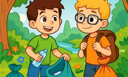 Un băiat de 12 ani, Andrei, cu părul brun și ochii plini de curiozitate, stă în picioare într-o frumoasă rezervă naturală. Poartă un tricou verde aprins și o pereche de șorturi din denim, având un zâmbet mare pe față, arătându-și entuziasmul pentru explorare. Lângă el, prietenul său Radu, tot de 12 ani, cu părul blond și ochelari, ține un rucsac plin de provizii ecologice. Radu îl privește pe Andrei cu admirație, pregătit să-l ajute în misiunea lor. Decorul este o pădure luxuriantă, cu copaci măreți cu frunze verzi strălucitoare, flori colorate împrăștiate pe sol și un cer albastru deschis presărat cu nori albi pufoși. La distanță, se poate observa un pârâu strălucitor, adăugând frumuseții peisajului. Situația principală îi arată pe Andrei și Radu adunând deșeuri în pădure, înconjurați de saci de gunoi colorați, hotărâți să curețe natura și să protejeze mediul. Sunt concentrați și motivați, ilustrând importanța conservării planetei.