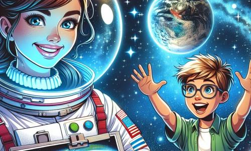 Een vrouwelijke astronaut, Lisa, met een stralende glimlach en sprankelende ogen van opwinding, zweeft in de ruimte, gekleed in een witte ruimtepak versierd met kleurrijke details. Haar bruine haar is in een paardenstaart, en ze houdt een foto van de aarde vast, verwonderd door haar schoonheid. Naast haar kijkt een 10-jarig jongetje, Max, met wild blond haar en een bril, met grote ogen naar de foto, met opgetrokken armen in verbazing. Op de achtergrond is een spectaculair uitzicht op de aarde, met zijn blauwe oceanen en groene continenten, tegen een sterrenhemel bezaaid met fonkelende melkwegen. De belangrijkste situatie toont Lisa en Max die samen een magisch moment delen, samen zwevend in de uitgestrektheid van de ruimte, omringd door de oneindigheid en schoonheid van het universum.