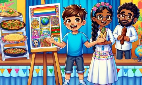 Un niño de 10 años, Lucas, con cabello castaño y ojos brillantes, sonríe con entusiasmo mientras presenta un cartel colorido sobre la diversidad cultural. Lleva una camiseta azul brillante y un short de mezclilla, de pie en un escenario decorado con guirnaldas multicolores. A su lado, Sofía, una niña de 10 años de origen mexicano con largas trenzas negras, sostiene un plato de pan de muerto, radiante de orgullo. Un poco más atrás, Ahmed, un niño de 10 años con cabello rizado y piel oliva, sonríe mientras sostiene una brocheta de kebab, listo para compartir su cultura. El lugar es el gimnasio de la escuela, lleno de decoraciones festivas: banderines de todos los colores, mesas cargadas de platos de todo el mundo y niños sentados en sillas, cautivados por la presentación. La situación principal muestra a Lucas, Sofía y Ahmed en el escenario, compartiendo sus historias culturales con un público entusiasta, creando un momento de alegría y unidad a través de la diversidad.