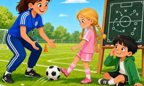 Uma jogadora de futebol sorridente e acolhedora, cabelos castanhos presos em rabo de cavalo e uniforme azul com riscas brancas, com a mão pronta para receber um passe; Sofia, cerca de 7 anos, tímida mas corajosa, cabelos loiros em tranças e roupa rosa clara, empurra suavemente a bola; Lucas, cerca de 8 anos, cabelo preto e casaco verde, sentado à direita a enxugar uma lágrima e a levantar‑se; campo de relva verde com linhas brancas, botas espalhadas, um quadro negro com desenho do campo e céu azul com nuvens; cena de ajuda mútua, ambiente quente, cores saturadas e formas simples e arredondadas para crianças.