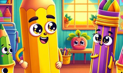 En el centro de la imagen, un pequeño lápiz amarillo brillante llamado Pablo, con una cálida sonrisa y ojos brillantes, se enfrenta valientemente a un grupo de lápices. Tiene una expresión determinada, rasgos finos y está afilado, listo para defender a su amiga. A su derecha, Lila, un lápiz morado, con una expresión tímida pero llena de esperanza, dibuja un hermoso paisaje de atardecer en una hoja de papel. En el fondo, un lápiz verde llamado Vicente, con ojos redondos y una sonrisa amigable, observa la escena, mientras que un marcador naranja llamado Nara, con cabello en forma de pluma, aplaude alegremente. Todos parecen animar a Pablo y Lila, mostrando expresiones de apoyo y amistad. La escena se desarrolla en un aula colorida, llena de juguetes, con paredes decoradas con dibujos de niños y una gran ventana que deja entrar la luz del sol. La situación principal muestra a Pablo hablando con pasión para defender a Lila contra murmullos de algunos lápices críticos, abogando por la aceptación y la diversidad, mientras Lila, inspirada por su amigo, comienza a dibujar un paisaje vibrante, símbolo de su amistad y unidad.