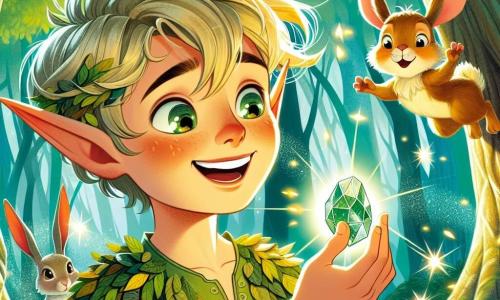 Un elf numit Lumeș, cu urechi ascuțite și păr auriu care strălucește la soare, zâmbește cu uimire ținând în mână o piatră magică care sclipește. Poartă o tunică verde împodobită cu frunze și flori, iar ochii săi strălucesc de curiozitate. Lângă el, un iepuraș numit Râsul, cu blană brună și ochi rotunzi, sare de bucurie, cu urechile mari ridicate, admirând piatra. Scena se desfășoară într-o pădure fermecată, unde copaci mari cu trunchiuri noduroase se ridică spre cer, iar frunzele verzi strălucitoare filtrează lumina soarelui, creând modele de lumină și umbră pe solul acoperit de flori colorate. Lumeș și Râsul descoperă împreună magia pietrei, înconjurați de fulgi de lumină care dansează în jurul lor, în timp ce o mulțime de flautiști colorați se învârt în aer, adăugând o notă de bucurie aventurii lor.