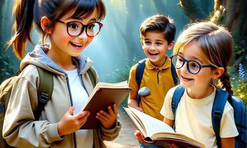 Ein etwa 11-jähriges Mädchen, lächelnd und erstaunt, kastanienbraune Haare zu einem Pferdeschwanz gebunden, leichte khakifarbene Jacke und aufgeschlagenes Notizbuch in den Händen, hält einen eingravierten kleinen Kiesel in der Handfläche; ein Junge (Jonas, ca. 11) mit blonden, zerzausten Haaren und runden Brillen, stolz und aufgeregt, zeigt mit dem Finger auf einen sandigen Pfad rechts von ihr; zwei etwa 10-jährige, lachende Mädchen im linken Hintergrund — eines mit roter Zopf und kleiner Taschenlampe, das andere dunkelhäutig mit Strohhut, die im Sand gräbt. Ort: große goldene Dünen mit Strandgras, warme spätnachmittägliche Lichtstimmung, ferne türkisfarbene See, eine kleine dunkle Öffnung im Dünenhang zu einer versteckten Höhle. Hauptszene: die Kinder entdecken den Höhleneingang und untersuchen gravierte Steine, Sandstaub im Licht, Ausdrücke von Staunen und kameradschaftlicher Freude. Farbpalette und Stil: warme Ockertöne, Sand- und sanftes Orange, Akzente in Blau und blassem Grün, dick sichtbare Acryltextur, weiche Konturen und runde Formen, kindlicher einladender Stil; Komposition zentriert auf das Mädchen mit dem Notizbuch, Blick zur Höhle, Tiefenwirkung mit Horizontlinie und sich entfernendem Pfad.