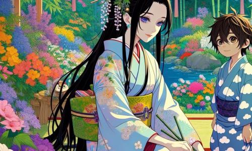 Aoi, eine Frau in ihren Dreißigern, hat lange schwarze Haare, die mit kleinen weißen Blumen geschmückt sind. Sie trägt einen traditionellen Kimono mit zarten Blumenmustern, und ihr Gesicht strahlt eine sanfte Gelassenheit aus, mit einem leichten Lächeln, das ihre Augen erhellt. Sie hockt in einem üppigen Garten, umgeben von bunten Blumen, und arrangiert Kirschbaumzweige für eine Ikebana-Komposition. In der Nähe beobachtet ein 8-jähriger Junge mit zerzausten braunen Haaren und neugierigen Augen fasziniert Aoi. Er trägt einen leichten Yukata mit Wolkenmustern und steht mit den Händen hinter dem Rücken da, bewundernd das Werk der Frau. Der Garten ist ein wahrer Rückzugsort, gefüllt mit lebhaften Blumen, schlanken Bambus und einem sanft plätschernden kleinen Bach. Papierlaternen schweben in der Luft und schaffen eine magische Atmosphäre. Die Hauptsituation zeigt Aoi bei der Schaffung ihres Blumenarrangements, während der kleine Junge, begeistert, die Schönheit der Natur und die Kunst des Ikebana entdeckt, was die Verbindung zwischen Mensch und Natur symbolisiert.