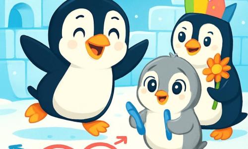 Pipo, un pequeño pingüino de plumas negras y blancas, con grandes ojos brillantes y una sonrisa alegre, está saltando sobre el hielo, con las alas abiertas, listo para sorprender a su mamá. Coco, una pingüina de plumas suaves y grises, se encuentra a su lado, con una mirada emocionada y estrellas en los ojos, sosteniendo un crayón azul en sus pequeñas patas. Mimo, otro pingüino con una corona de papel de colores en la cabeza, sonríe mostrando una hermosa flor de plumas que ha hecho, manteniéndose un poco atrás, admirando a Pipo. La escena tiene lugar en una escuela de pingüinos en el Polo Sur, con bloques de hielo brillantes bajo un cielo azul claro, copos de nieve cayendo suavemente y decoraciones coloridas en forma de corazones colgadas en las paredes de hielo. Pipo, rodeado de sus amigos, revela una sorpresa para el Día de la Madre: un gran corazón dibujado en la nieve, con flechas y pistas que llevan a un tesoro lleno de amor y abrazos.